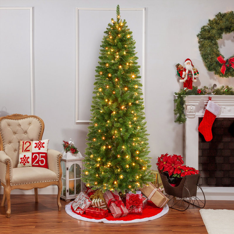 5.5Ft Prelit Snow Flocked Artificial Hinged Slim Pencil Christmas Tree With Remote Controlled Multi Color RGB Lights Full Branch Tips Good Choice